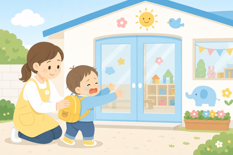 保育園の送りの時に泣いている赤ちゃんのイラスト