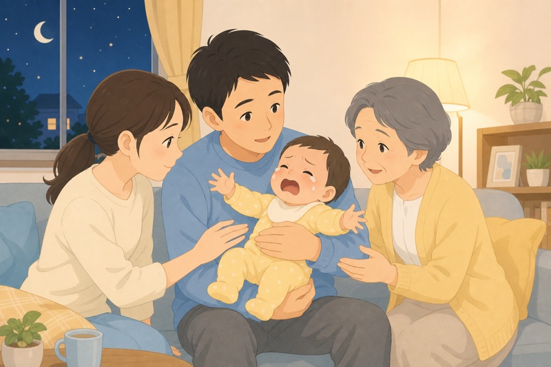 泣きじゃくる赤ちゃんを家族みんなであやしているイラスト