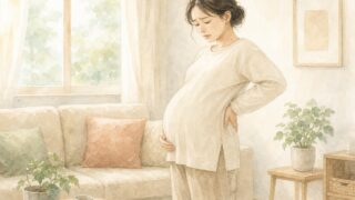 妊娠中の腰痛・恥骨の痛み。腰のうしろに手を当て、もう片方の手をおなかに添えて、つらそうに立っている妊婦さんのやわらかな水彩イラスト。宮崎・もあな助産院。